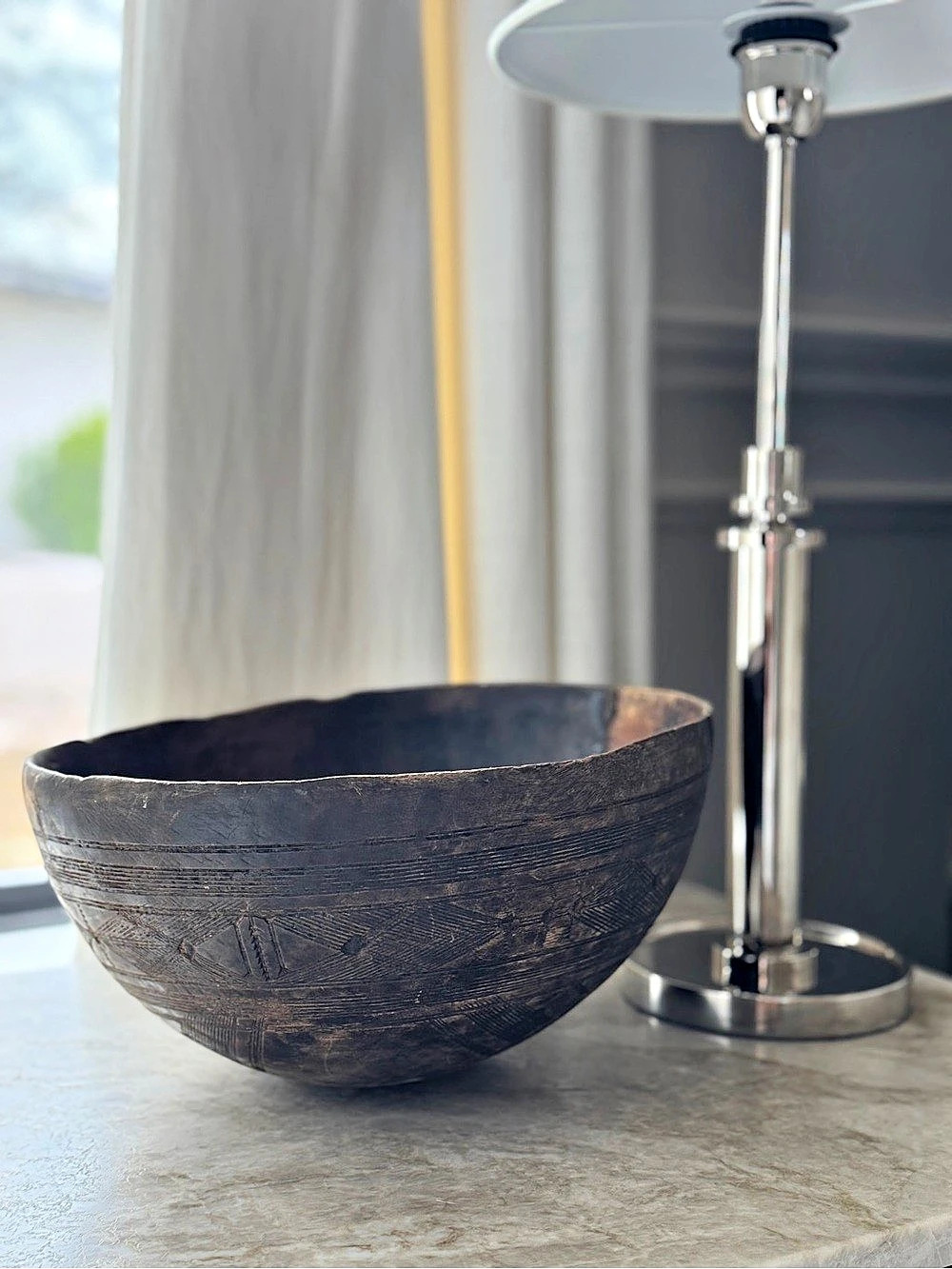 Antique African Tribal Hand-Carved Wood Bowl | Incised Geometric Design |